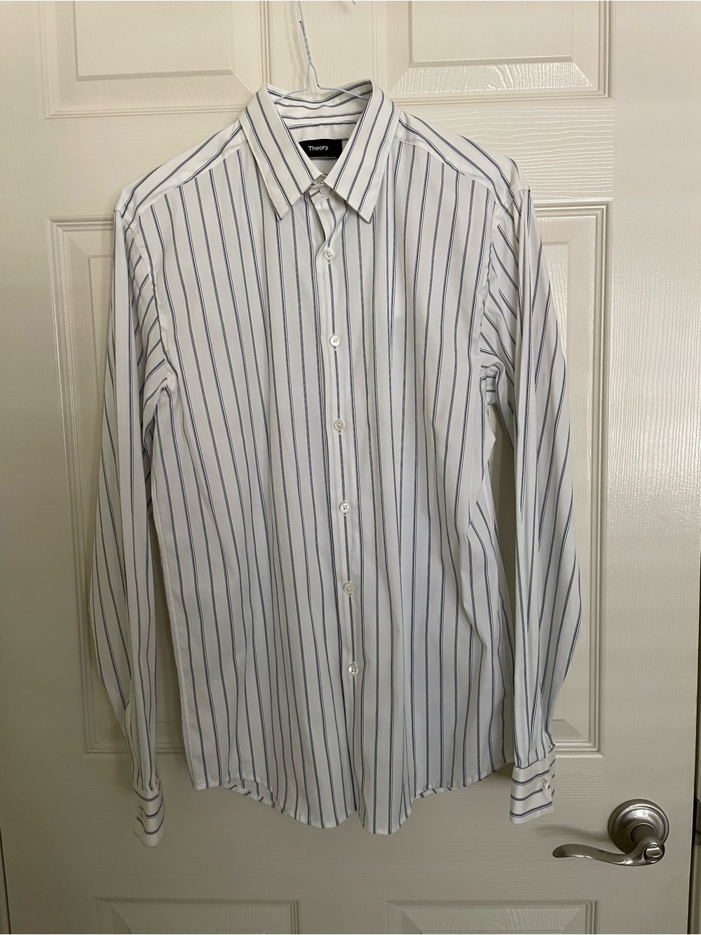Theory Men's White Dress Shirt with Blue Pinstripes